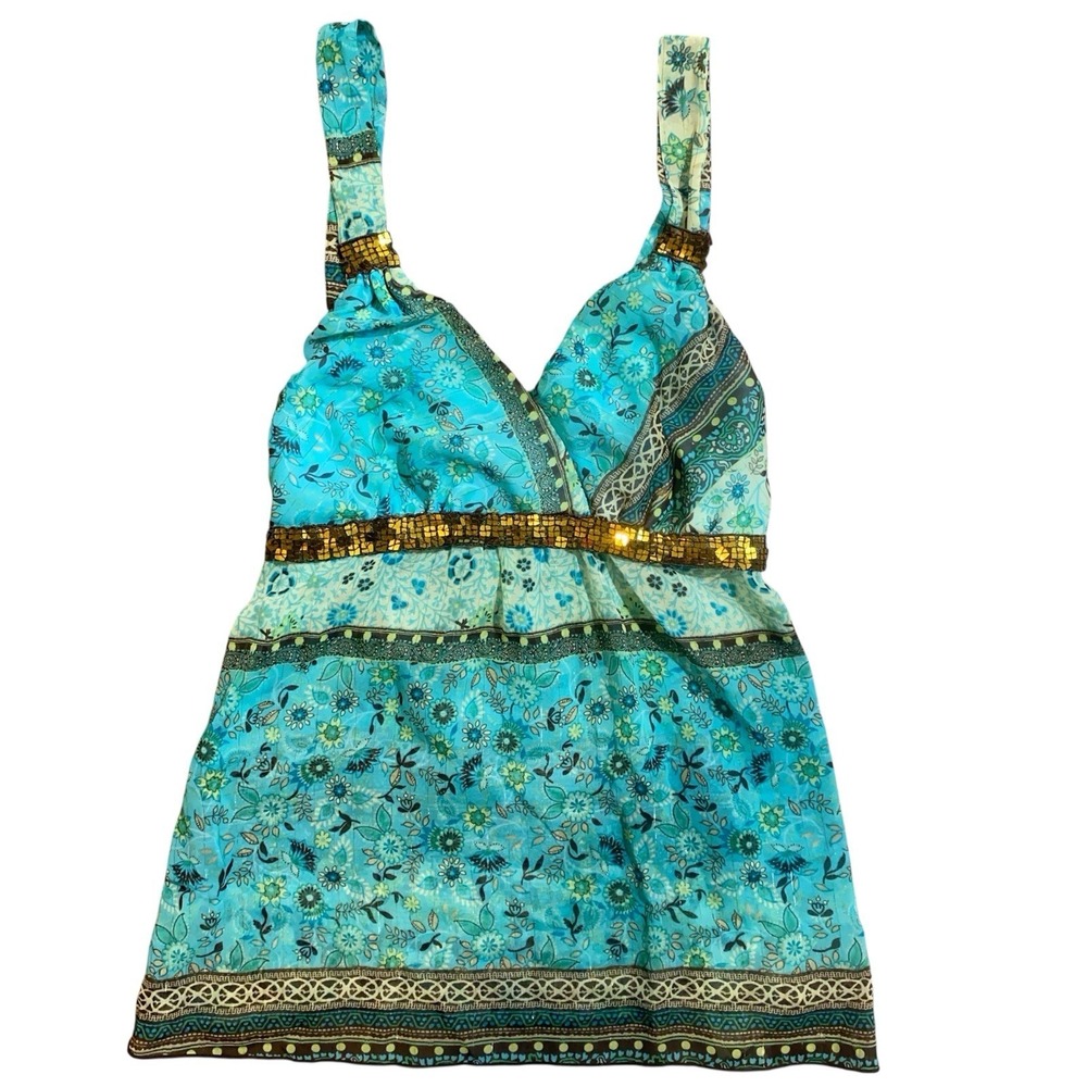 "Y2K" Boho Turquoise‎ Floral Babydoll Top Gold Sequin Trim Tie Back Festival Top